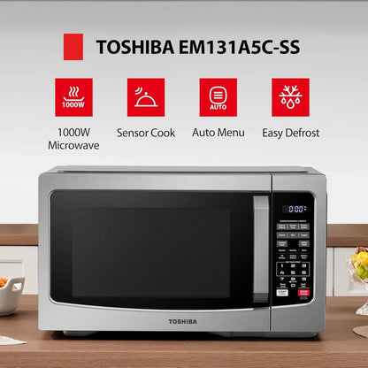 EM131A5C-SS Countertop Microwave Ovens 1.2 Cu Ft with 12.4" Removable Turntable Smart Humidity Sensor, 12 Auto Menus Mute Function ECO Mode Easy Clean Interior, 1000W, Silver