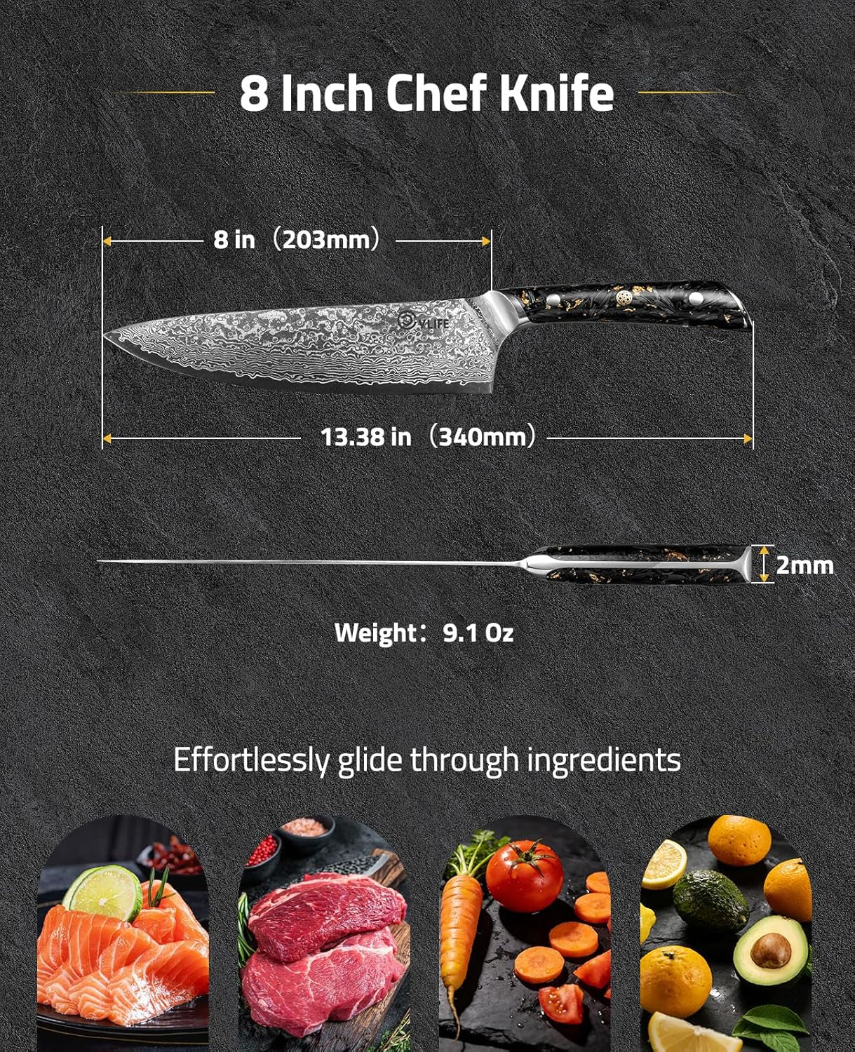 Chef Knife, 8 Inch Damascus Steel with Japanese High Carbon 10Cr15Mov Core, Full Tang Ergonomic Handle for Balance & Control, Razor Sharp Kitchen Utility Knife for Cooking with Sheath & Box