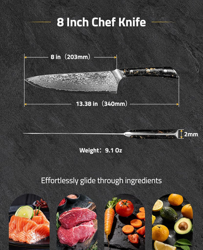 Chef Knife, 8 Inch Damascus Steel with Japanese High Carbon 10Cr15Mov Core, Full Tang Ergonomic Handle for Balance & Control, Razor Sharp Kitchen Utility Knife for Cooking with Sheath & Box