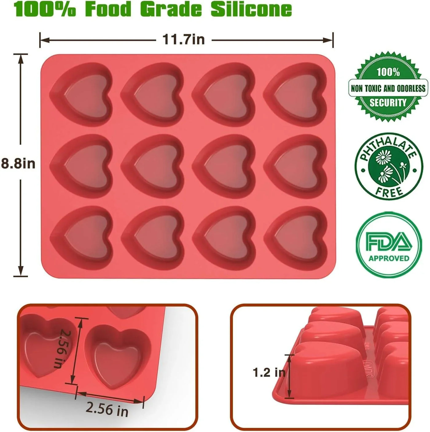 Silicone Heart Muffin Pan (2 Pack) - Nonstick Silicone Molds for Baking, Cupcake Pan for Brownies, Tartlets and Egg Bites