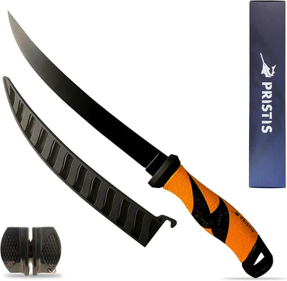 Orange and black PRISTIS fillet knife with sheath and sharpener for kitchen use