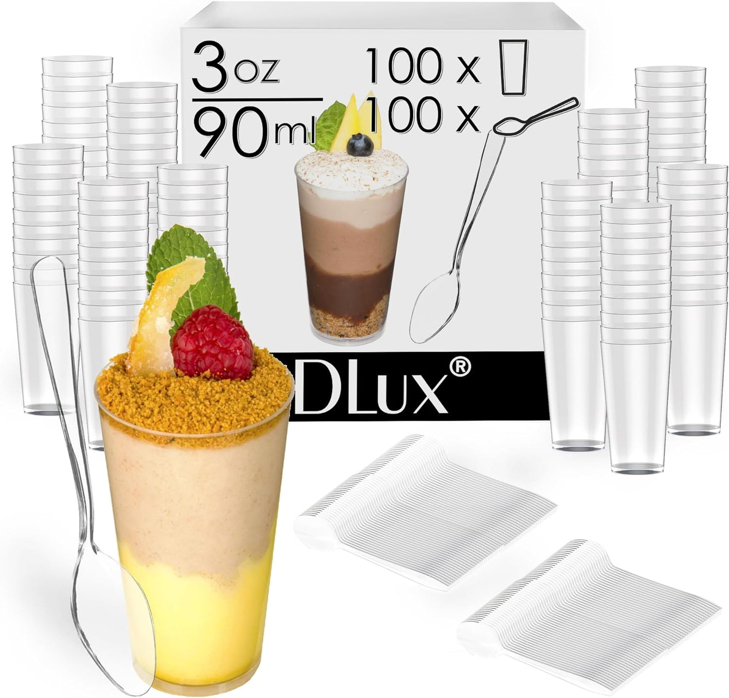 100 X 3 Oz Mini Dessert Cups with Spoons, Shooter - Clear Plastic Parfait Appetizer Cup - Small Reusable Shooter Glass for Tasting Party Shooters Desserts Appetizers - with Recipe Ebook