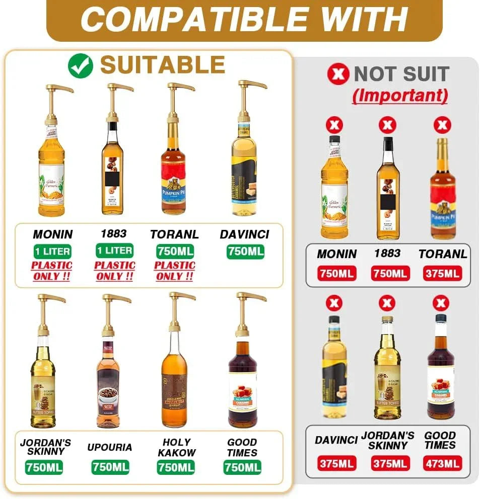 Compatible oil dispensers for various bottle sizes and brands, suitable and not suitable options shown