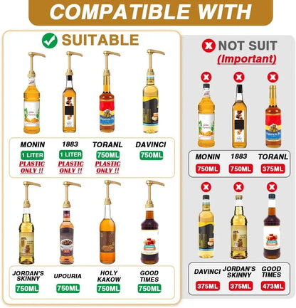 Compatible oil dispensers for various bottle sizes and brands, suitable and not suitable options shown