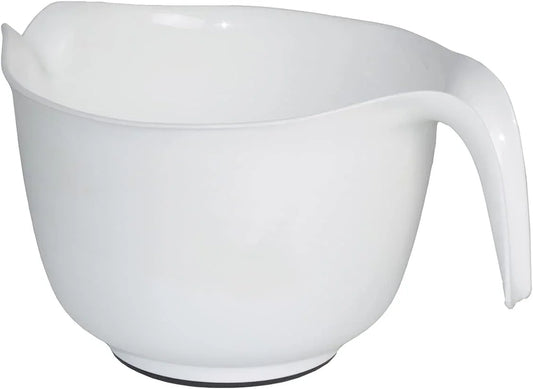 Mixing Bowl with Handle – 3 Quart | Heavy Duty Plastic with Pour Spout and Non-Slip Base | Dishwasher Safe Kitchen Supplies for Cooking and Baking, White