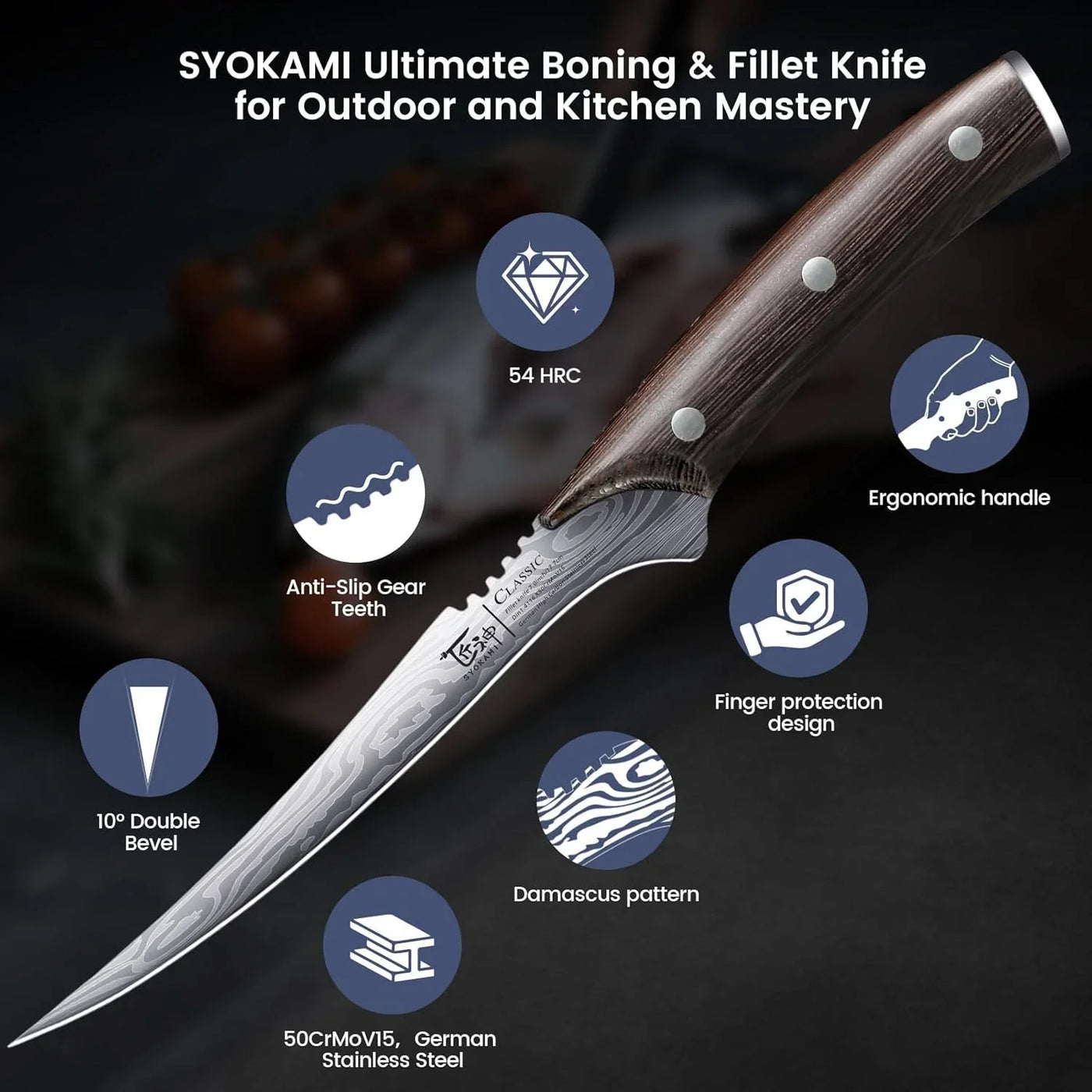 Fillet Knife, Razor Sharp 7.2 Inch Boning Knife, High Carbon Stainless Steel Filet Knives with High Flexibility, Wooden Handle, Full Tang Damascus Pattern Fishing Knives, Ideal Gift