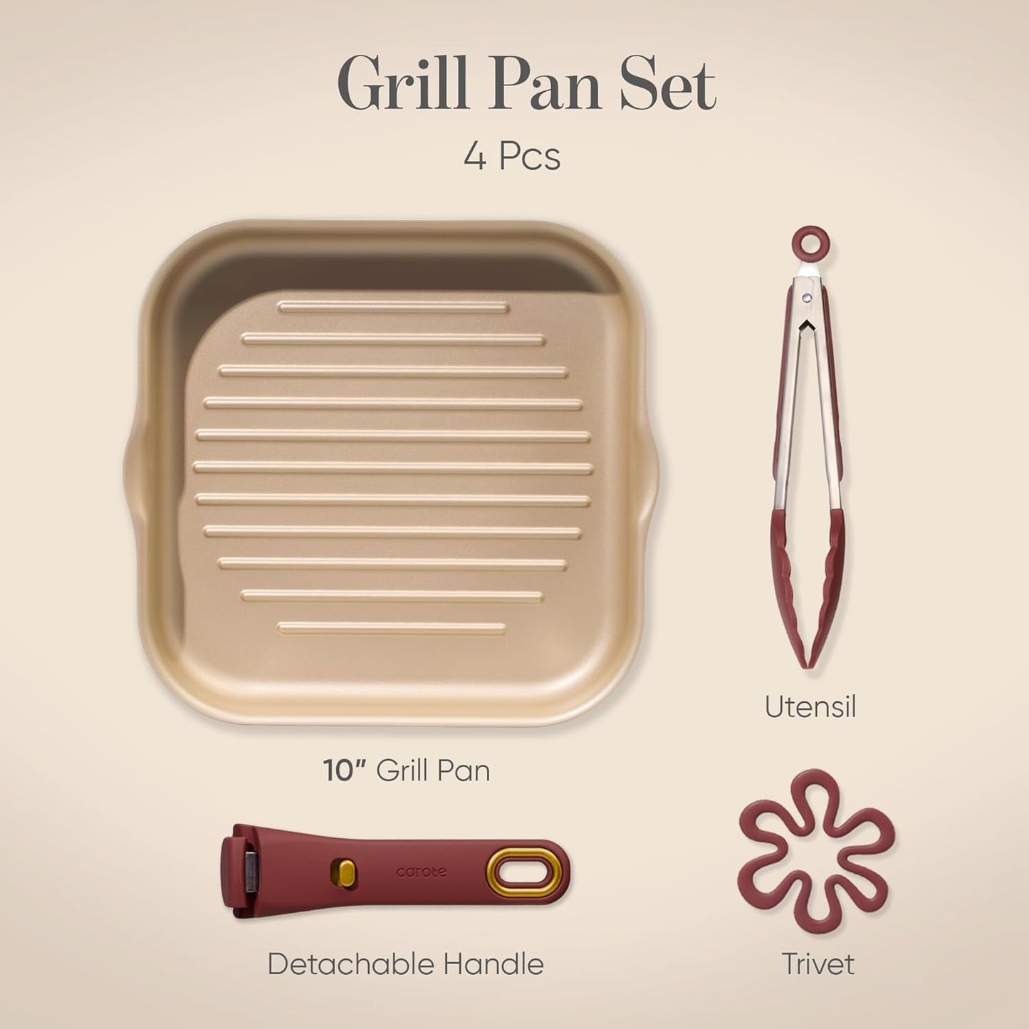 10 Inch Titanium Reinforced Nonstick Grill Pans for Steak, Non-Stick Grill Pans Sets with Detachable Handle, PFOS, PFOA Free, Gas & Induction Safe, All Stovetops Compatible, Burgundy