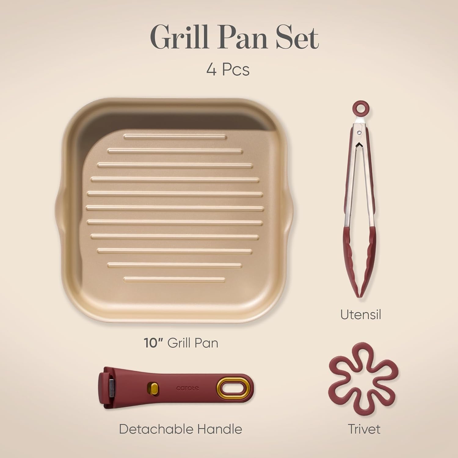 10 Inch Titanium Reinforced Nonstick Grill Pans for Steak, Non-Stick Grill Pans Sets with Detachable Handle, PFOS, PFOA Free, Gas & Induction Safe, All Stovetops Compatible, Burgundy