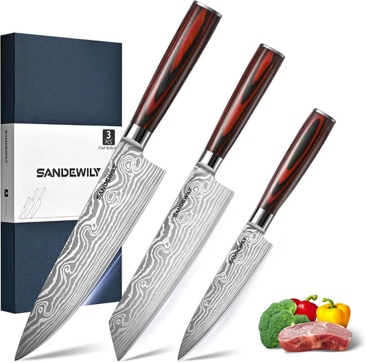 3-Piece Kitchen Knife Set, High Carbon Stainless Steel Sharp Knives with Sheaths - 8" Chef, 7.5" Santoku, 5" Utility Knives for Home Cooks, Cooking, Meat & Vegetables