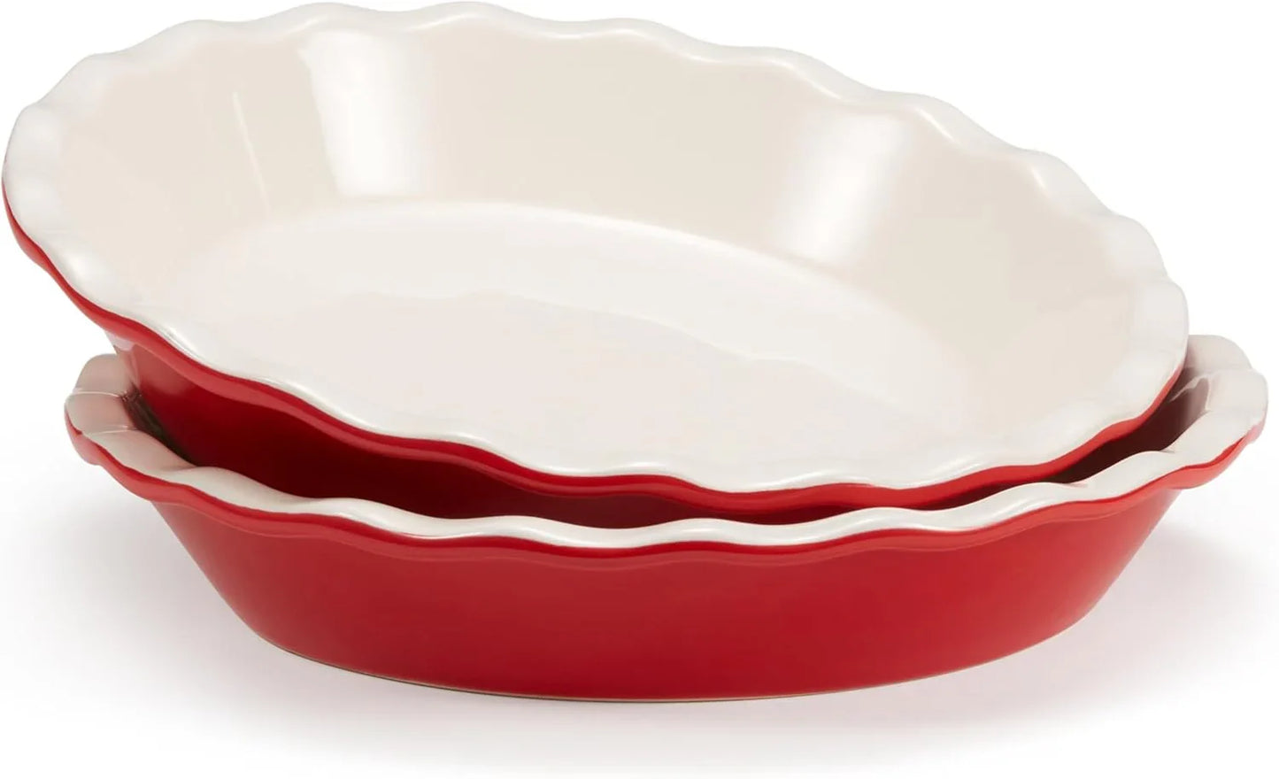Pie Pan, Ceramic Reusable round Pie Dish, Quiche Baking Dish, Deep, Wave Edge, for Cakes, Tart, Casseroles, Tarts, Microwave, Oven and Dishwasher Safe, 9-Inch, 36 Oz, Set of 2, Cherry