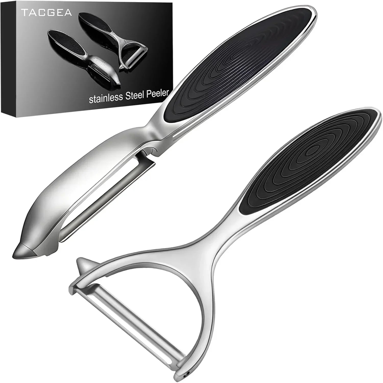 Stainless steel peeler with ergonomic black grip, ideal for kitchen prep and cooking tasks.
