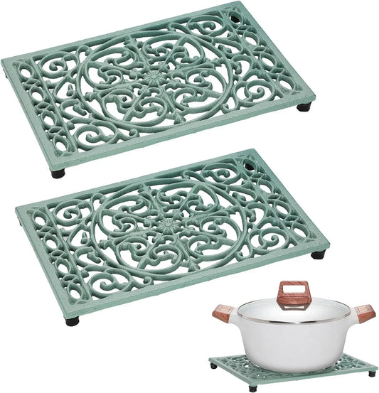 9.6 X 6.3 Inch Cast Iron Trivet, 2 Pack Metal Trivets with Rubber Feets,Iron Trivet for Hot Dish Pot Pan Plate Teapot,Heat Resistant Trivets Cast Iron for Kitchen Cooktop Dining Table, Green