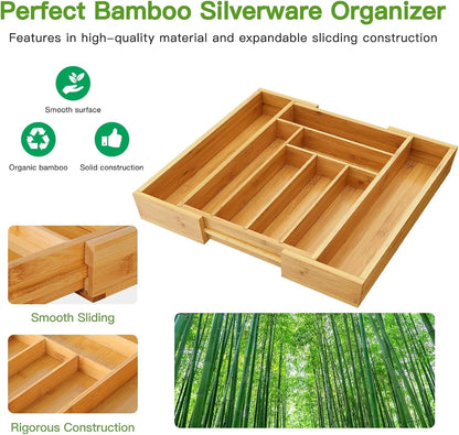 Bamboo Expandable Silverware Drawer Organizer, Adjustable Kitchen Utensil Tray for Forks, Spoons and Knives, Wood Storage Cutlery Holder for Bedroom and Living Room