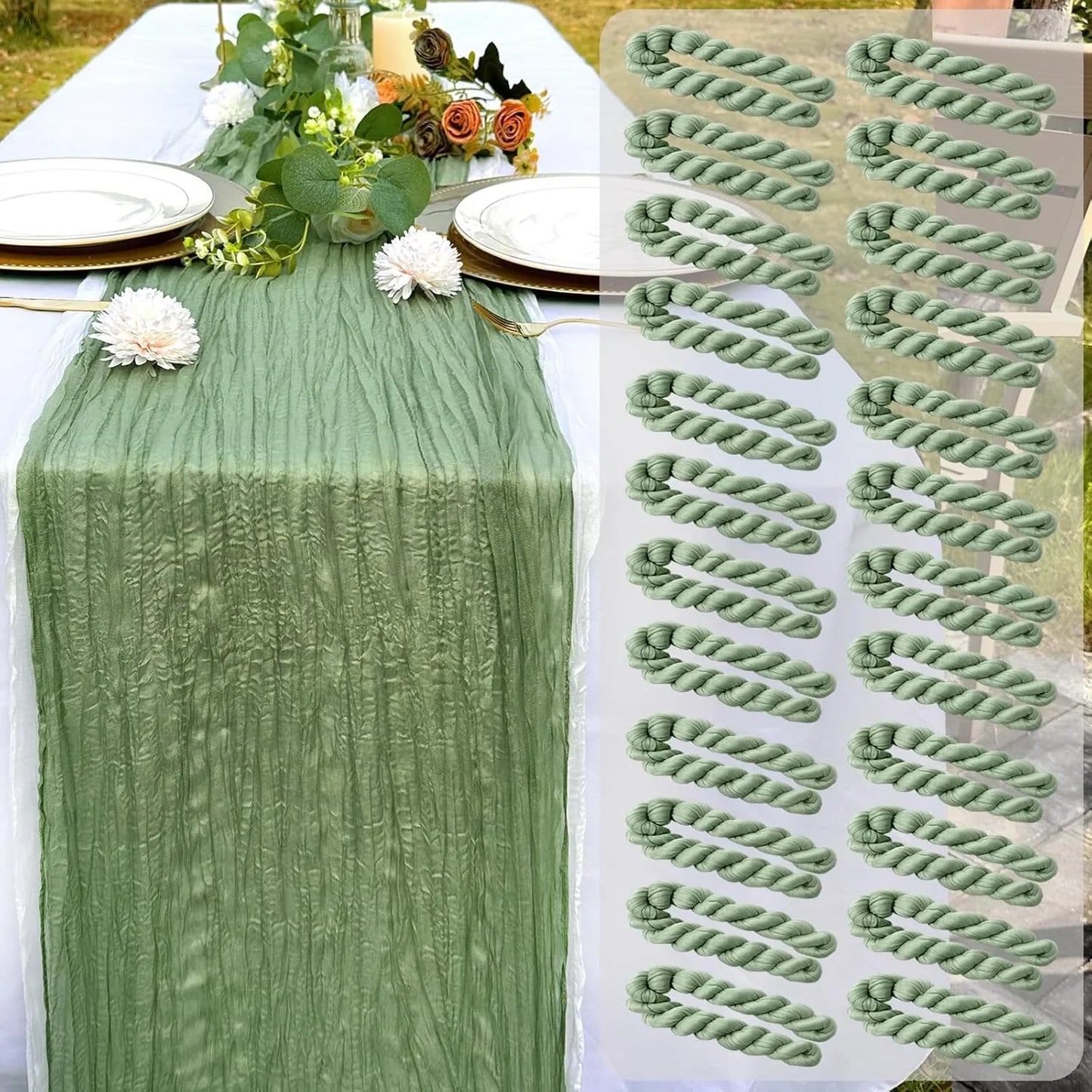 24 Pack Sage Green Cheesecloth Table Runner Rustic Gauze 22X120 Inch Long Table Runner for Wedding Bridal Shower Birthday Party Banquet Boho Decoration(#29)