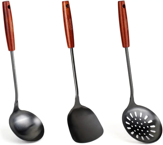 Wok Spatula and Ladle,Skimmer Ladle Tool Set, 17Inches Spatula for Wok, 304 Stainless Steel Wok Spatula,Black