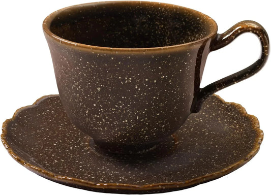 Ceramic Latte Cup and Saucer, 10 OZ Cappuccino Cups Mugs, Vintage Coffee Art Cup for Tea, Espresso, Microwave and Dishwasher Safe, Porcelain Wide Fancy Barista Cup for Kitchen or Cafe (Brown)