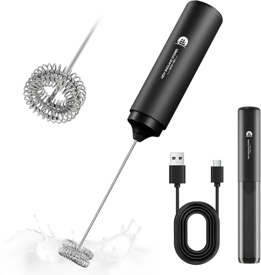 Rechargeable Milk Frother Handheld, 2-IN-1 Dual Spring Whisk Electric Frother Wand for Cappuccino Latte Macchiato, Portable Drink Mixer for Coffee, Matcha, Hot Chocolate