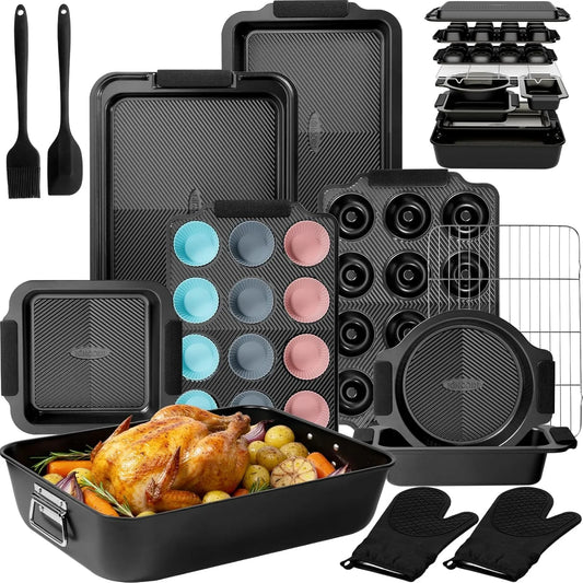 25 PCS Stackable Baking Pans Set, Non-Stick Bakeware Sets with Silicone Handles, 450°F Oven Safe Cookie Sheets for Baking, Easy Release Heavy-Duty Baking Sheets Non Stick, Black