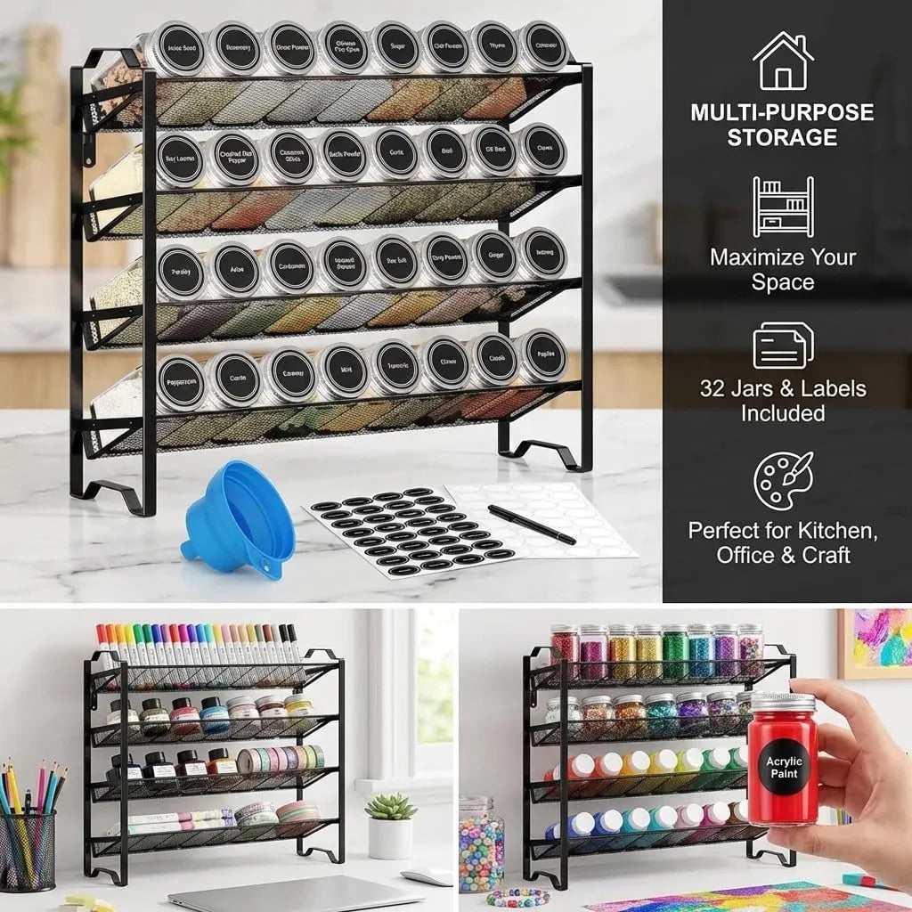 Spice Rack Organizer with 32 Empty Spice Jars, 64 Spice Labels, Chalk Marker and Funnel Set for Cabinet, Countertop, Kitchen, Pantry or Wall Mount, Black