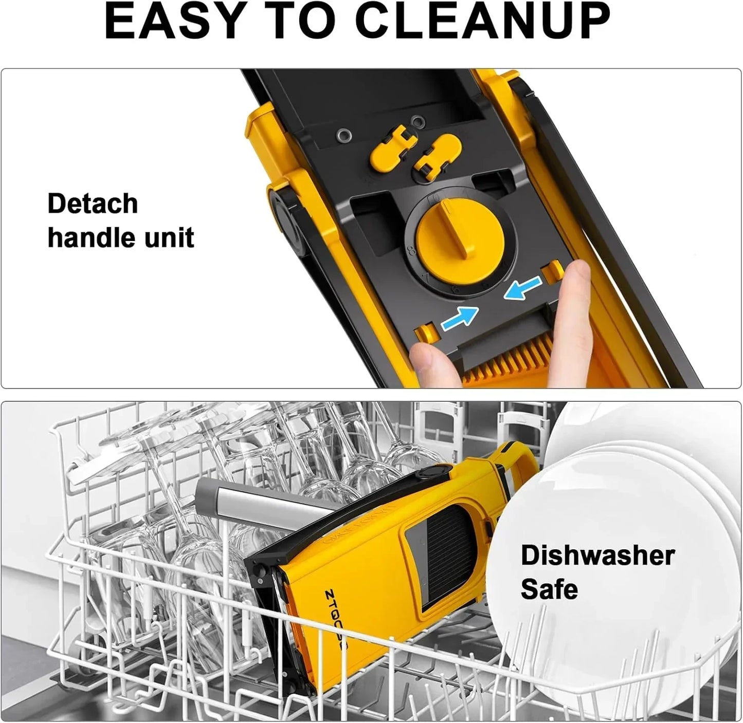 Yellow kitchen tool with detachable handle, dishwasher safe for easy cleanup