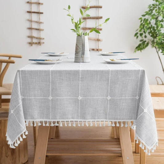 Tablecloths for Square Tables, Cotton Linen Waterproof Farmhouse Table Cloth with Boho Tassels – Wrinkle Free, Wipeable & Washable for Kitchen & Dining, 55''X55'', 4 Seats, Grey
