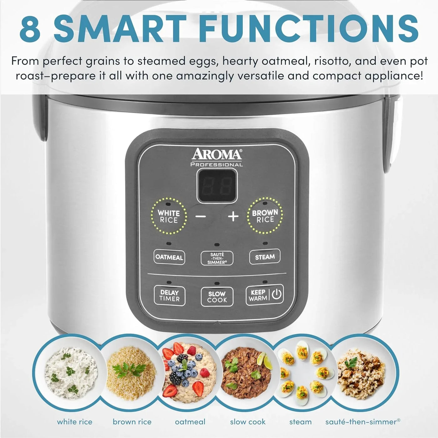 Professional Digital Rice Cooker, Multicooker, 4-Cup (Uncooked) / 8-Cup (Cooked), Steamer, Slow Cooker, Grain Cooker, 2Qt, Stainless Steel Exterior, ARC-994SG