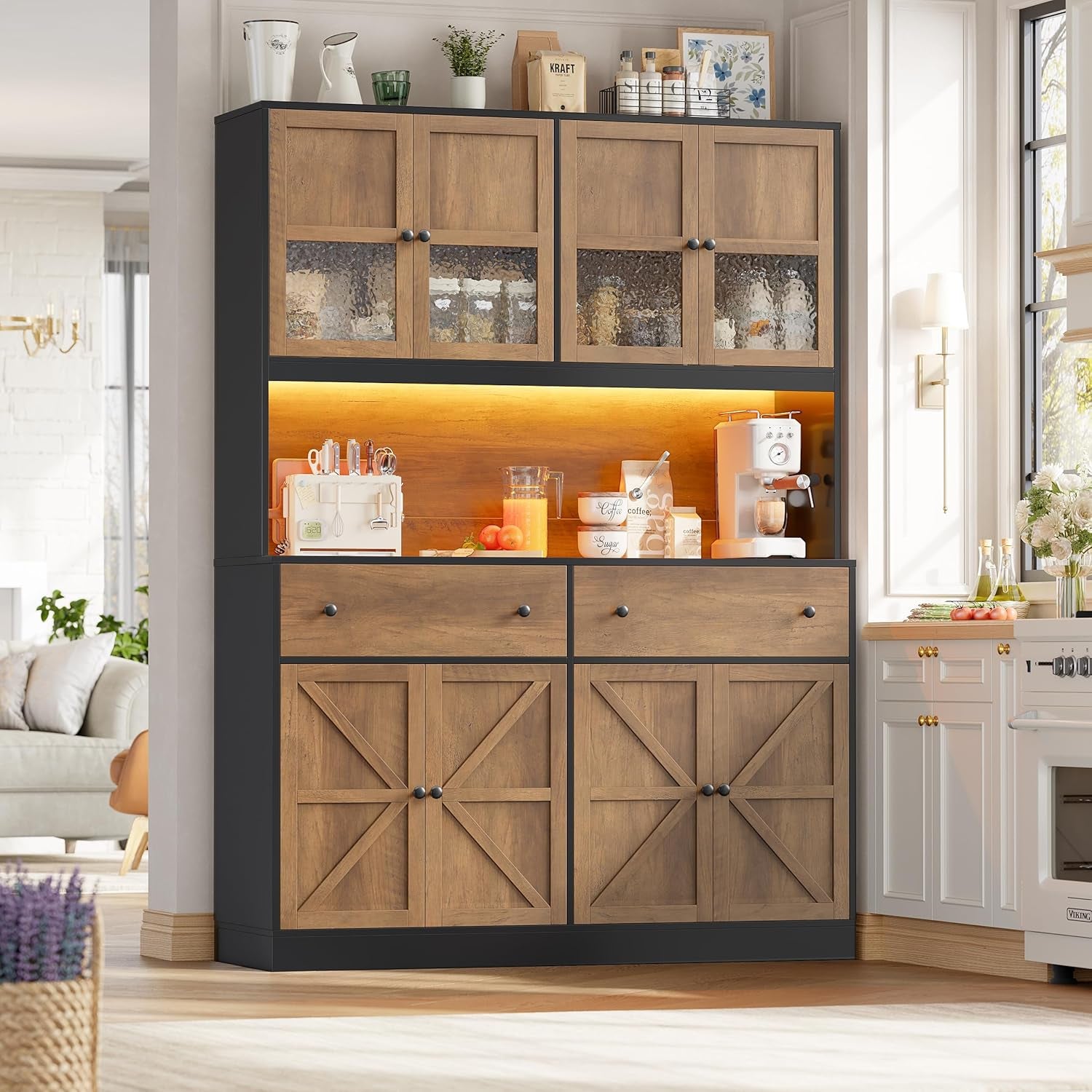 71" Pantry Cabinet with LED Light and Charging Station, Farmhouse Kitchen Pantry Cabinet with Microwave Stand, 47.2" Wide Kitchen Hutch Food Pantry with Open Countertop, Black/Brown