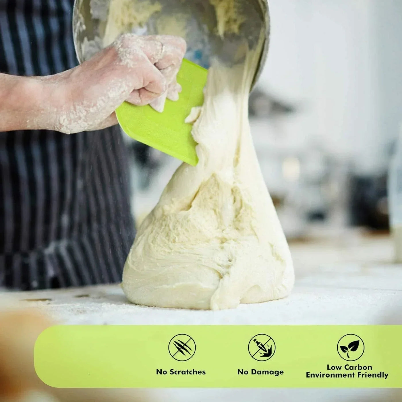Baker using green dough scraper to handle fresh bread dough, no scratches, no damage, eco-friendly kitchen tool