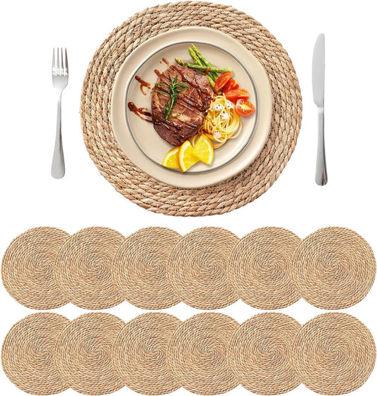 13.8'' round Woven Placemats Set of 12, Boho Rattan Chargers for Dinner Plates, Rustic Wicker Place Mats, Straw Braided Table Placemats, for Dining Table Decor, Wedding, Farmhouse and Home Decor