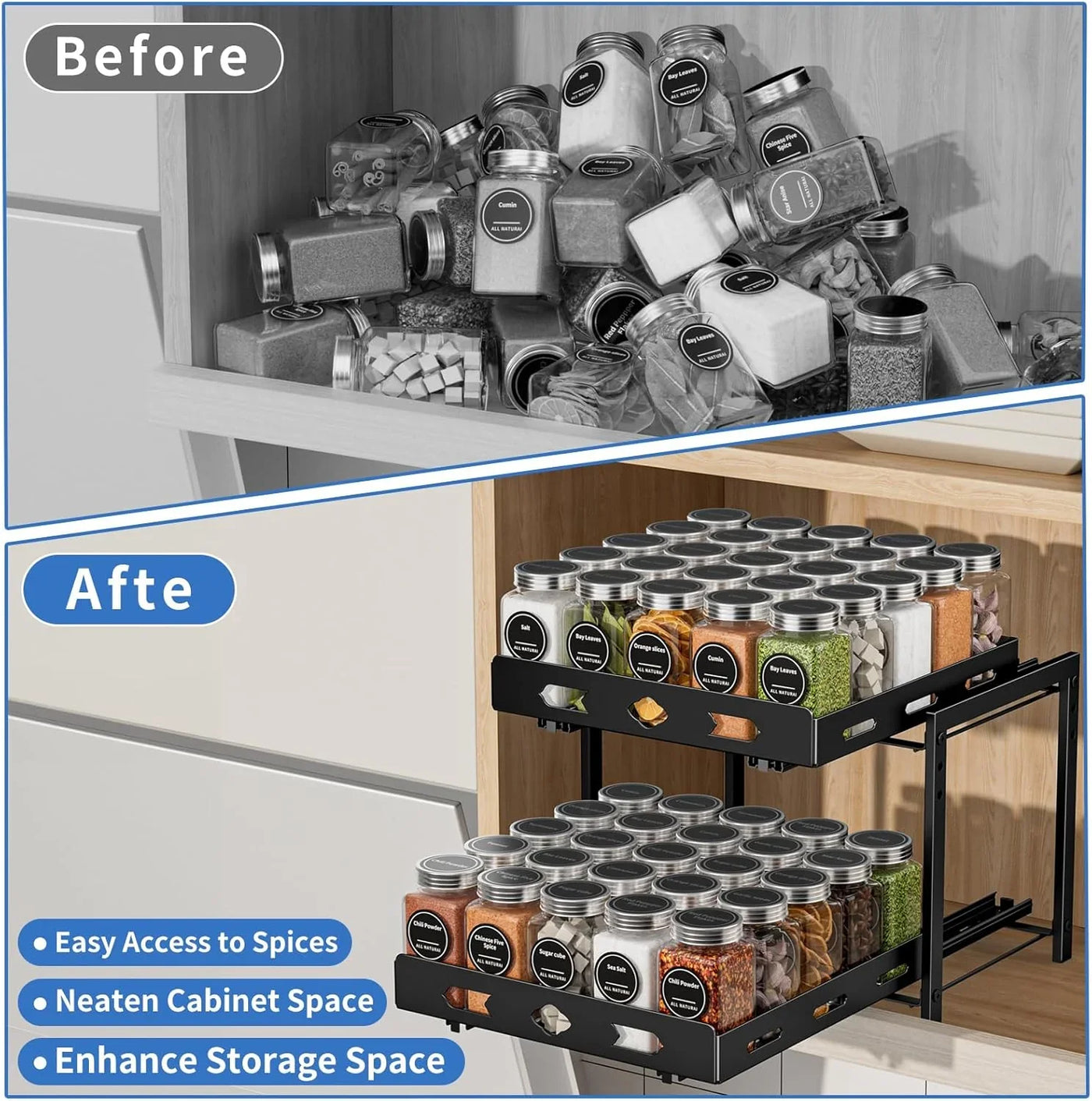 Pull Out Spice Rack Organizer for Cabinet, 2 Tier Cabinet Spice Rack Organizer, Height Adjustable Vertical Spice Rack for Kitchen Cabinet (11.9''Wx10.8''Dx9.2''H, Metal Black)