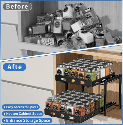 Pull Out Spice Rack Organizer for Cabinet, 2 Tier Cabinet Spice Rack Organizer, Height Adjustable Vertical Spice Rack for Kitchen Cabinet (11.9''Wx10.8''Dx9.2''H, Metal Black)