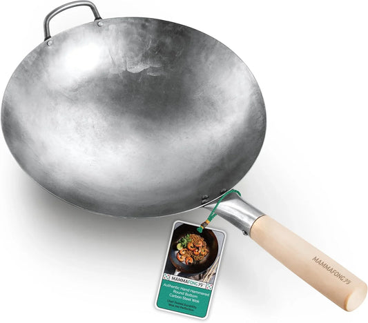 round Bottom 14-Inch Traditional Carbon Steel Wok Pan - Authentic Hand Hammered Woks and Stir Fry Pans - Pow Wok with No Chemical Coating