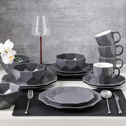 Stone + Lain Jamie Porcelain 16-Piece Geometric Dinnerware Set, Grey