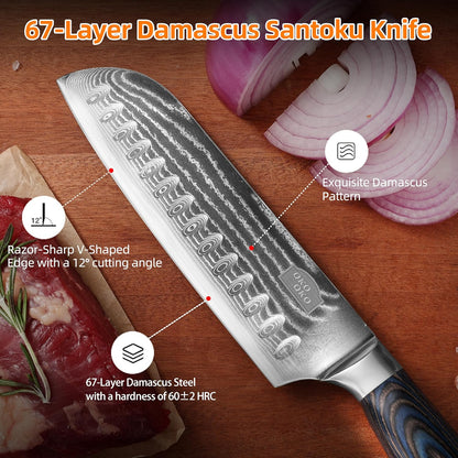 Damascus Santoku Knife, 7- Inch Kitchen Knives with 9Cr18Mov Steel Core, Japanese Kitchen Knife Cooking Meat Cleaver with Durable Wood Handle, Sharp Santoku Chef Knife for Home Use with Gift Box
