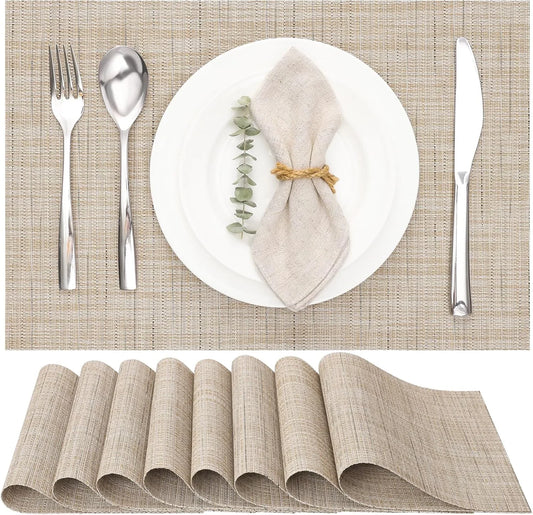 Placemats Set of 8, Vinyl Woven Placemats Place Mats Indoor Set of 8 Washable Table Mats Non-Slip Place Mats for Dining Table (Beige, Set of 8)