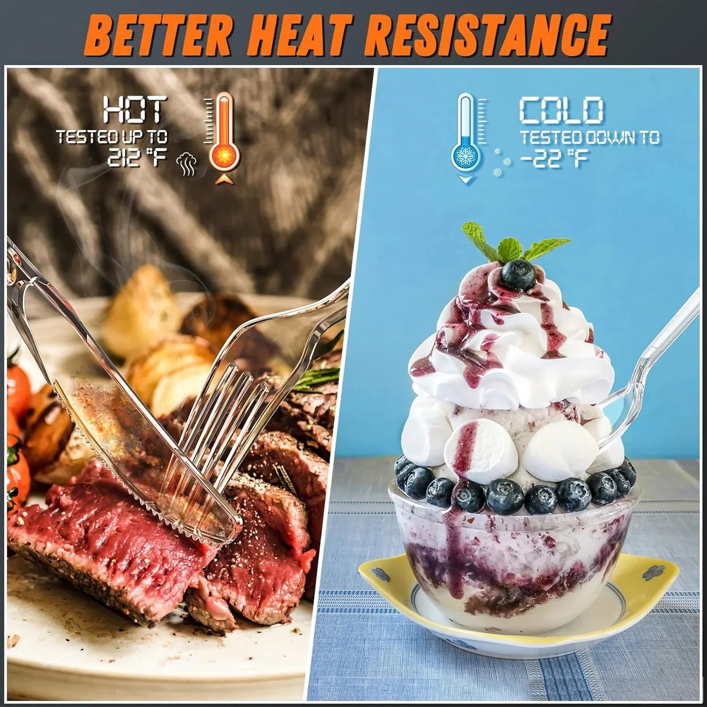 Heat-resistant kitchen utensils for hot steak and cold desserts, tested from 212°F to -22°F