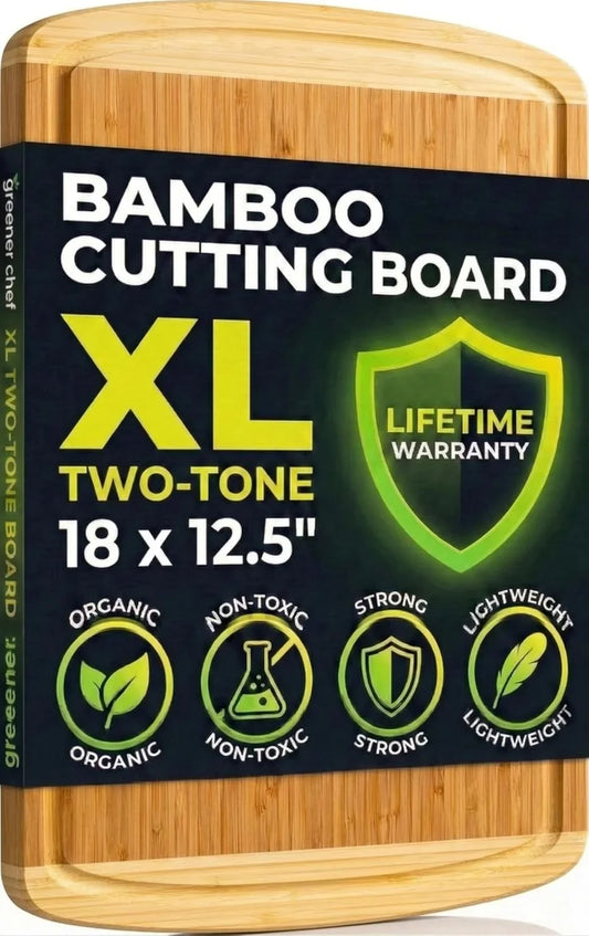 Luxury Bamboo Cutting Board (Extra Large) with Vertical Grain Strength Technology - Non Toxic, Spacious and Lightweight 18" XL Chopping Board Gift - Replacements for Life