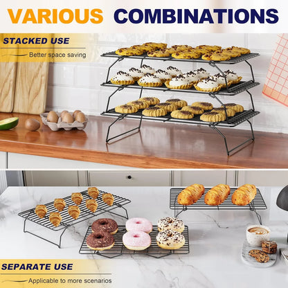 3 Tier Stackable Cooling Rack for Batch Cooling Cookie, Pizza, Cake-15.8”X 10”- Heavy Duty Cooling Racks for Cooking and Baking, Oven and Dishwasher Safe Baking Supplies-Black