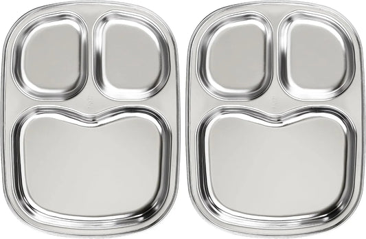 Korean Stainless Steel Divided Plates for Toddlers, Kids, Babies, Premium 304, Electro-Polished, No Black Residue, Bpa-Free, 3-Compartment Plate, Food Tray for Camping, Balanced Meals, Set of 2