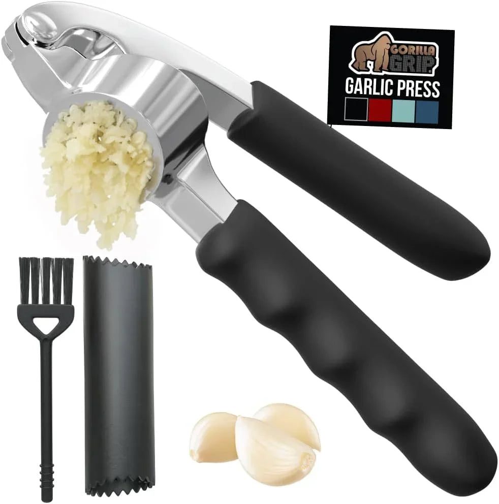 Garlic Press and Peel Set, Heavy Duty Mincer Tool, Large Ergonomic Handle, Easily Mince and Crush Garlics, Ginger, Nuts, Seeds, Peeler Included, Peeling Cloves, Kitchen Gadgets, Black