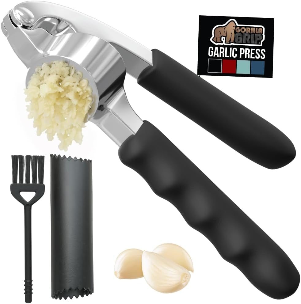 Garlic Press and Peel Set, Heavy Duty Mincer Tool, Large Ergonomic Handle, Easily Mince and Crush Garlics, Ginger, Nuts, Seeds, Peeler Included, Peeling Cloves, Kitchen Gadgets, Black