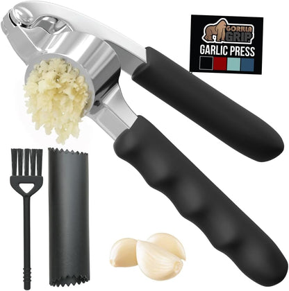 Garlic Press and Peel Set, Heavy Duty Mincer Tool, Large Ergonomic Handle, Easily Mince and Crush Garlics, Ginger, Nuts, Seeds, Peeler Included, Peeling Cloves, Kitchen Gadgets, Black