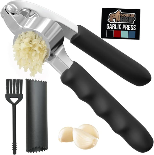 Garlic Press and Peel Set, Heavy Duty Mincer Tool, Large Ergonomic Handle, Easily Mince and Crush Garlics, Ginger, Nuts, Seeds, Peeler Included, Peeling Cloves, Kitchen Gadgets, Black
