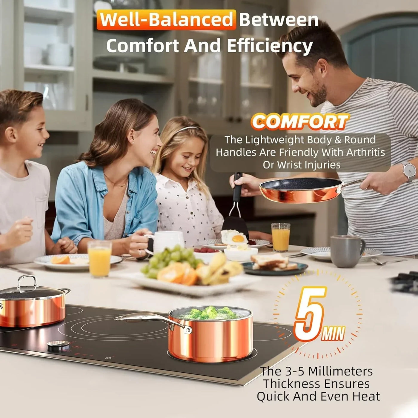 Copper cookware set with lightweight handles, perfect for family meals and quick, even heating on induction stovetop