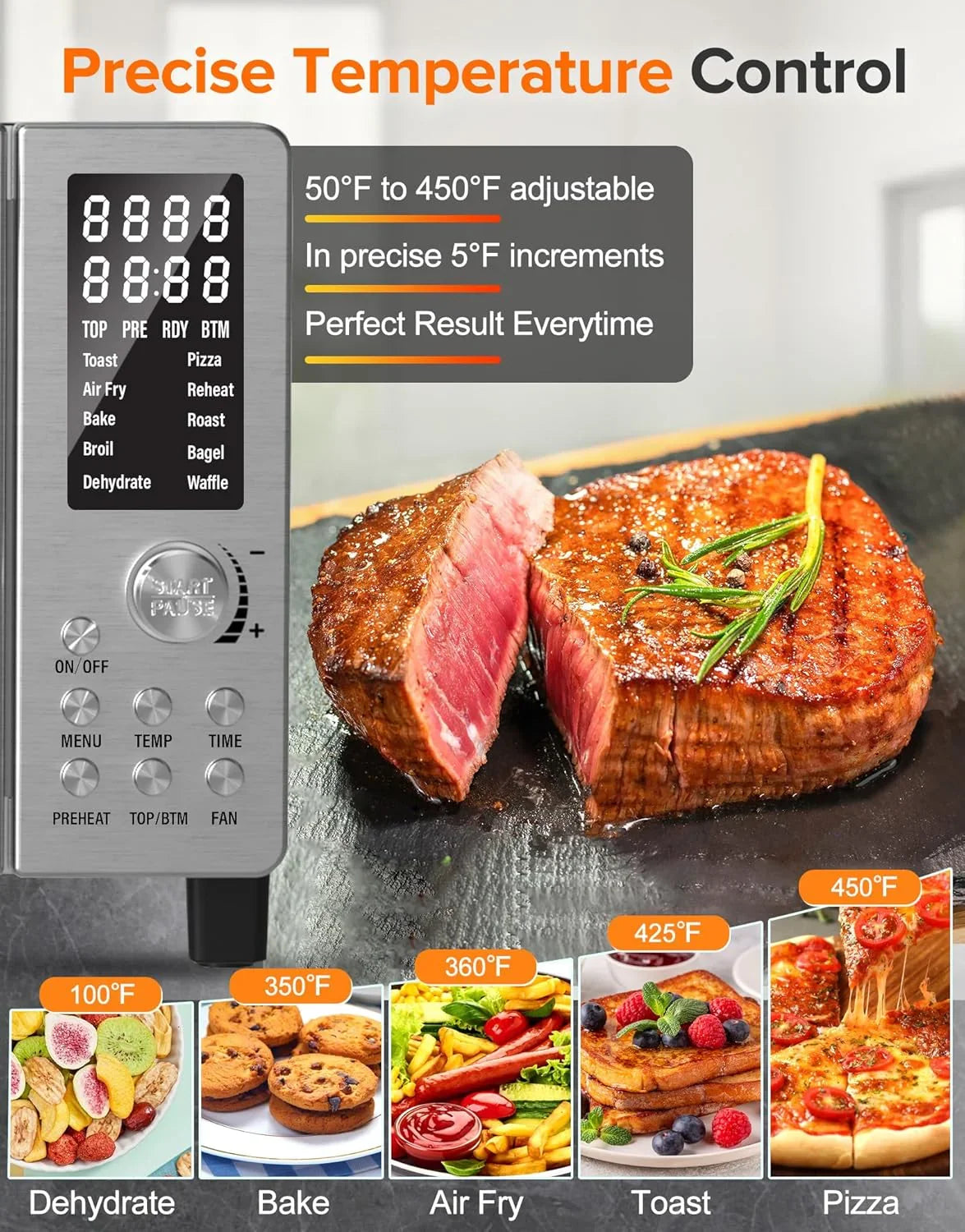 Bravo Pro Smart 21QT Toaster Oven Air Fryer Combo, Convection Oven Countertop, 10 Functions All in 1, with Even & Quick Crisp Technology, 50-450°F, 1800W, Stainless Steel