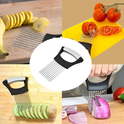 Multi-blade kitchen slicer for bananas, tomatoes, kiwi, and onions on cutting boards