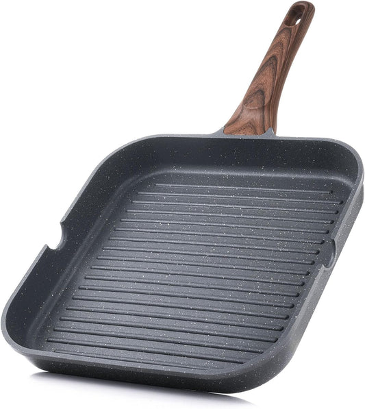 Nonstick Grill Pan for Stove Tops, Versatile Griddle with Pour Spouts, Square Big Cooking Surface, Durable Skillet Indoor & Outdoor Grilling. PFOA Free, 9.5 Inch