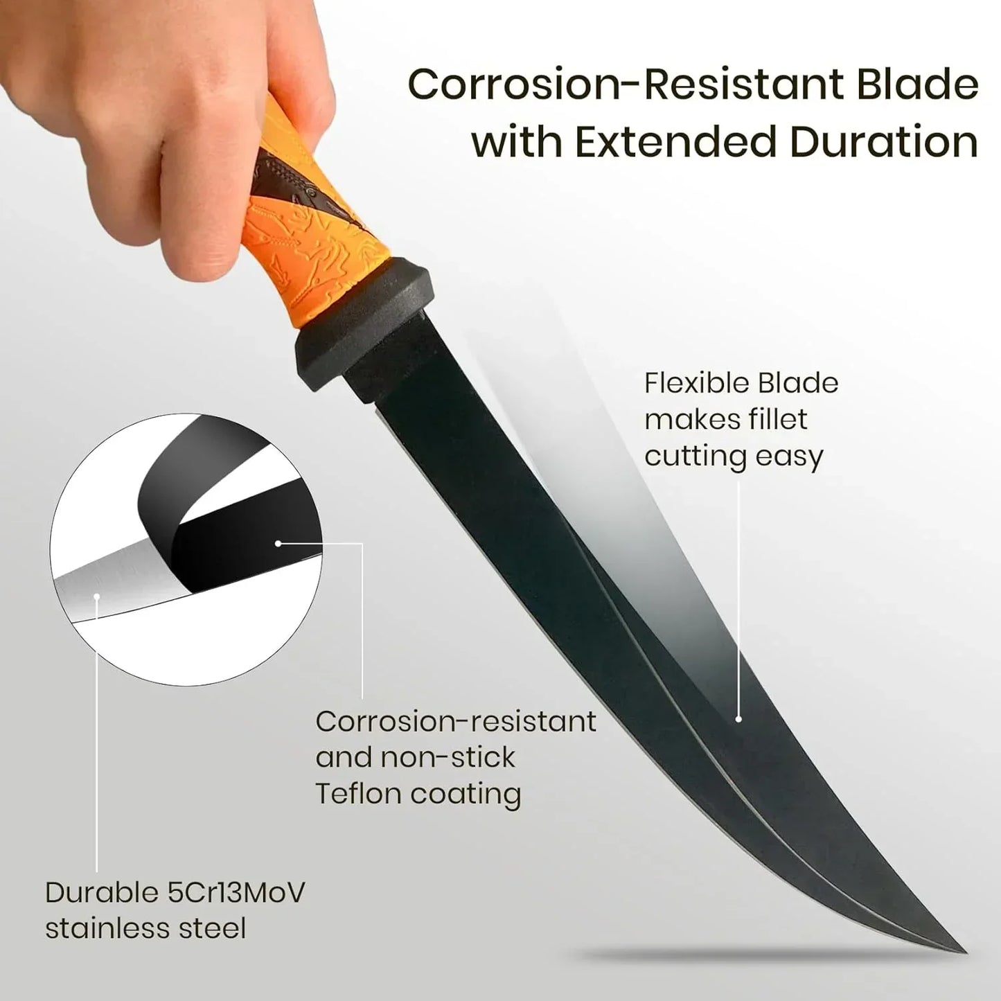 Flexible fillet knife with corrosion-resistant Teflon-coated blade and durable stainless steel for easy fish prep
