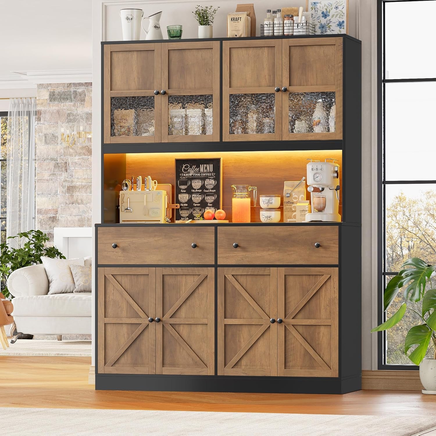 71" Pantry Cabinet with LED Light and Charging Station, Farmhouse Kitchen Pantry Cabinet with Microwave Stand, 47.2" Wide Kitchen Hutch Food Pantry with Open Countertop, Black/Brown