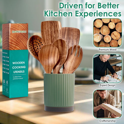 Wooden Spoons for Cooking, Teak Wood Kitchen Utensil Set, Premium Handmade Wooden Utensils for Nonstick Cookware, Heat Resistant, Smooth Finish, Comfortable Grip, 6 Piece